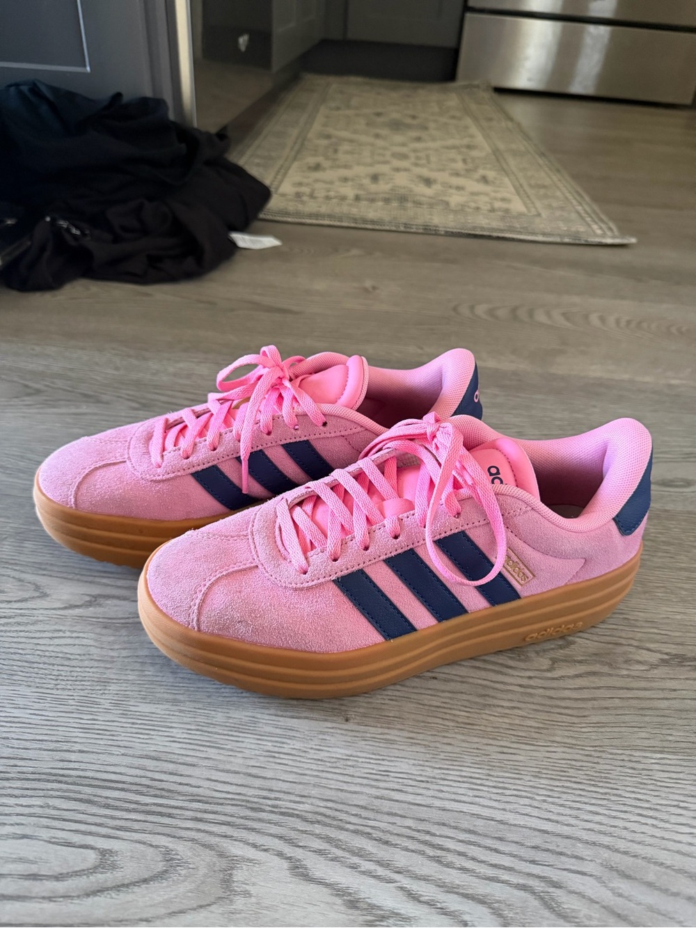 adidas Pink Suede Sneakers with Navy Stripes and Gum Sole